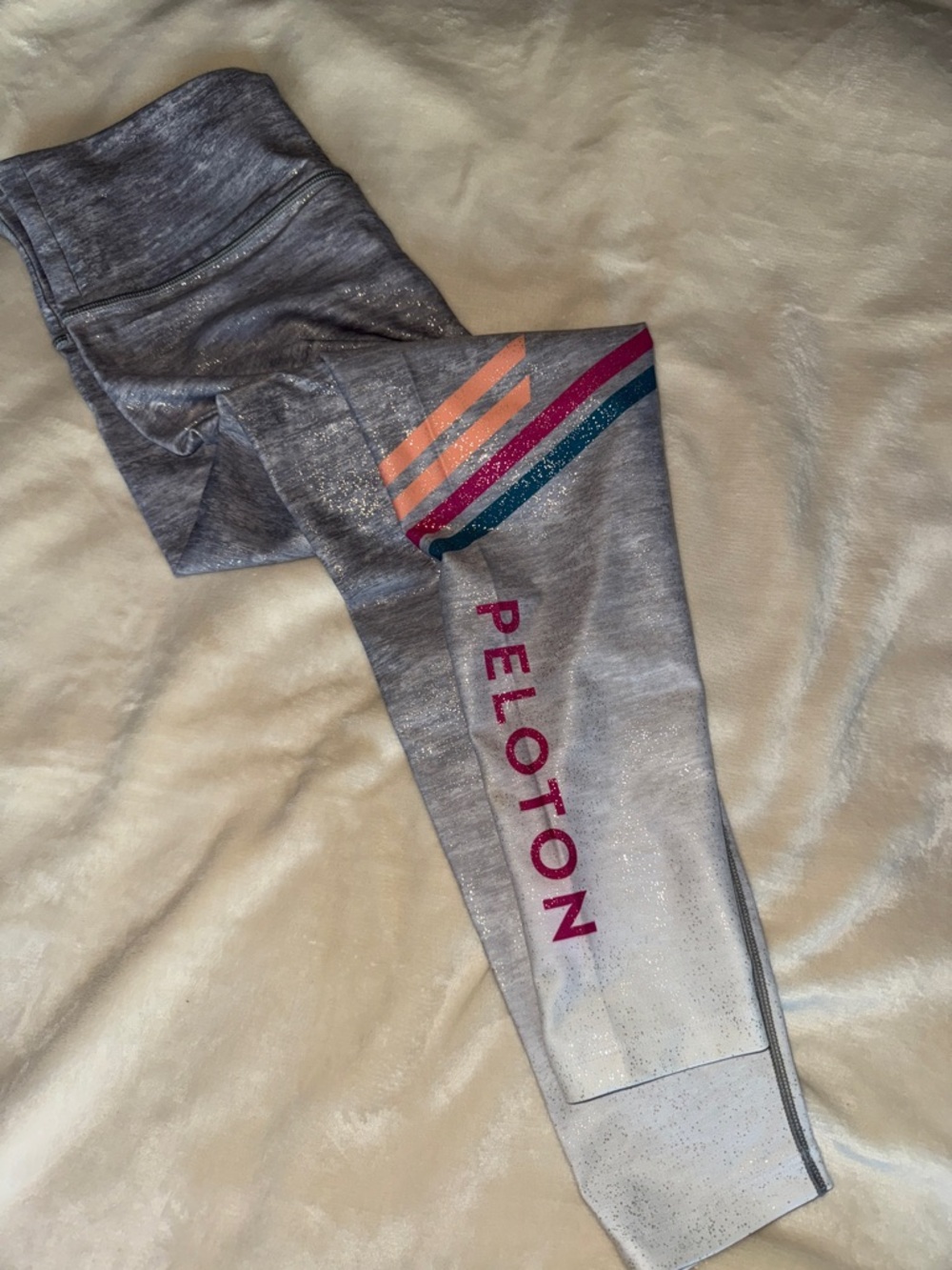 Peloton Gray Leggings with Pink, Coral & Teal Stripes